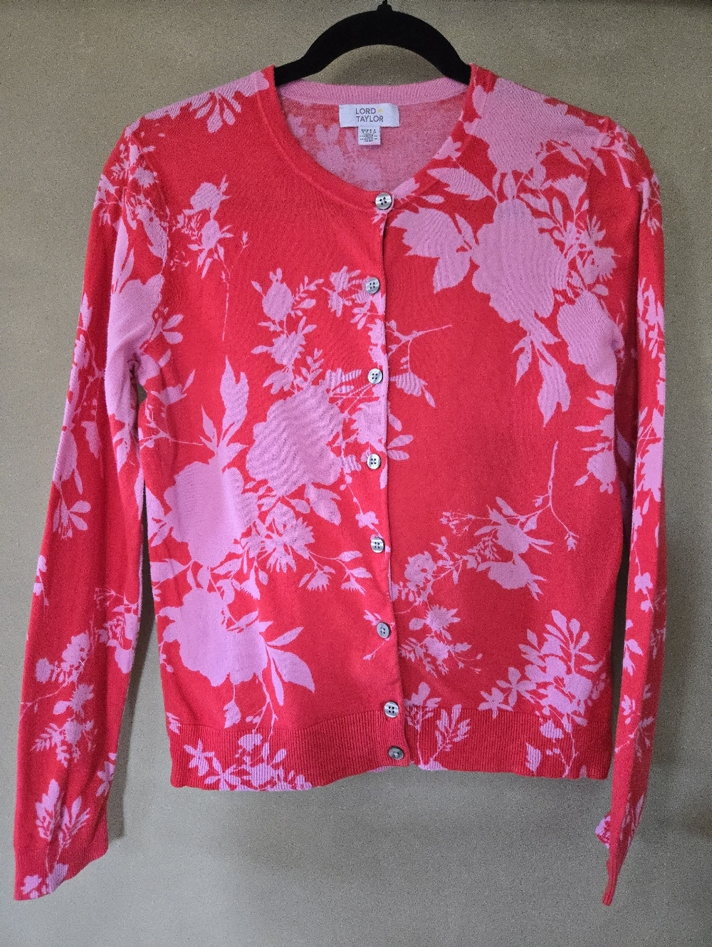 Lord & Taylor | Red Pink Floral Cardigan Sweater, Size S - Picture 2 of 7